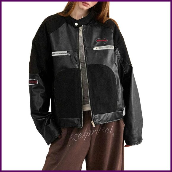 Faux Leather Moto Jacket Denim Patchwork Zip Up Streetwear Coat